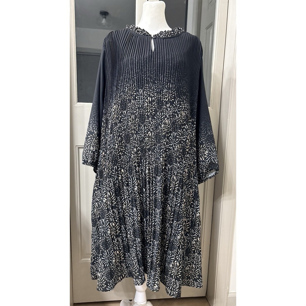 Ulla Popken Women's Pleated Floral Tunic Dress Black Plus Size 24/26
